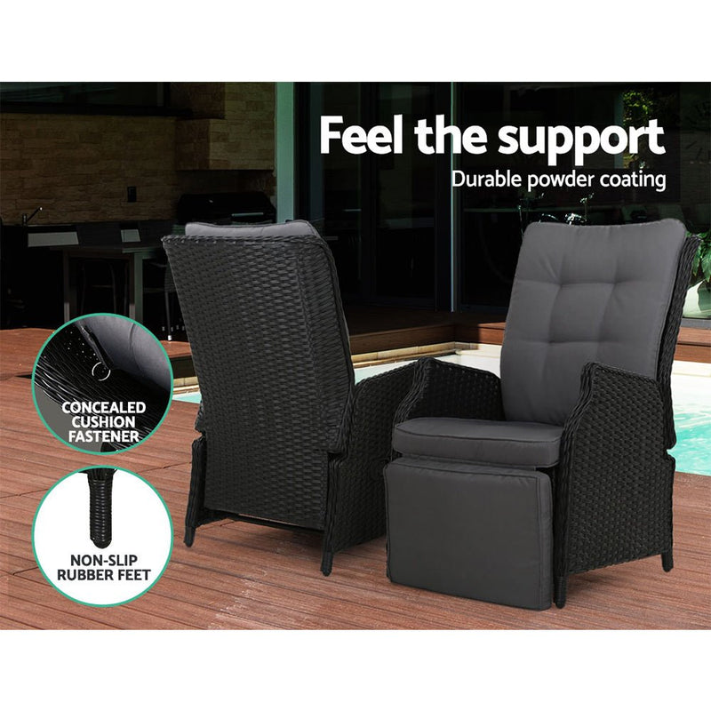 3 Piece Elizabeth Wicker Recliner Chairs with Table (Black) - Rivercity House & Home Co. (ABN 18 642 972 209) - Affordable Modern Furniture Australia