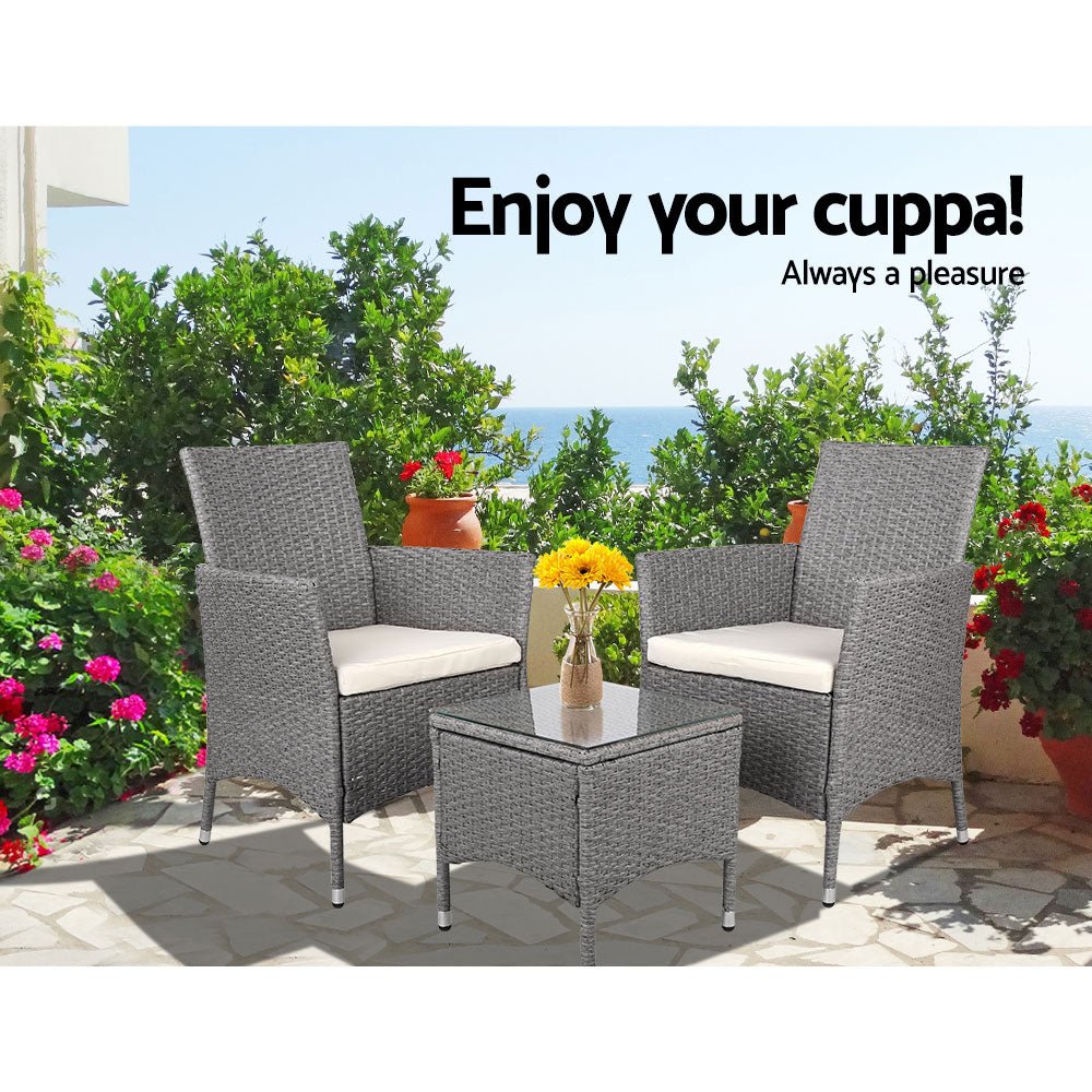3 Piece Grey Wicker Outdoor Furniture Set - Brand - Rivercity House & Home Co. (ABN 18 642 972 209) - Affordable Modern Furniture Australia