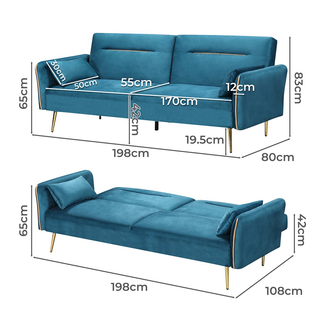 3 - Seater Convertible Sofa Bed with Velvet Upholstery - Peacock Blue - Rivercity House & Home Co. (ABN 18 642 972 209) - Affordable Modern Furniture Australia