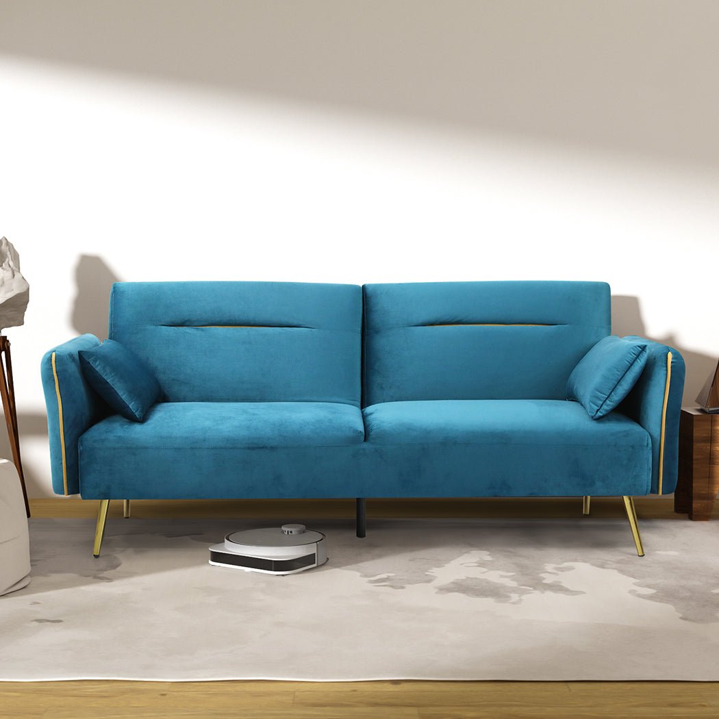 3 - Seater Convertible Sofa Bed with Velvet Upholstery - Peacock Blue - Rivercity House & Home Co. (ABN 18 642 972 209) - Affordable Modern Furniture Australia