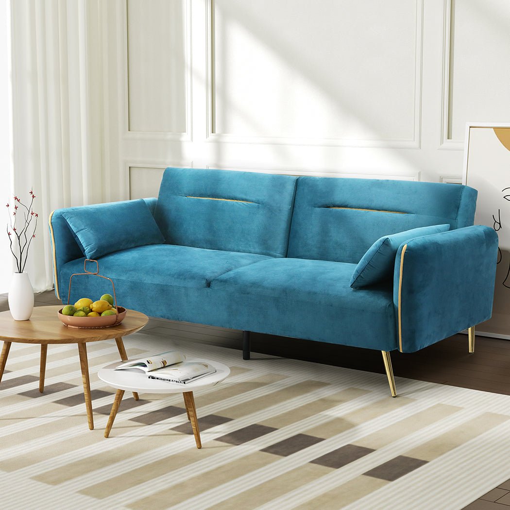 3 - Seater Convertible Sofa Bed with Velvet Upholstery - Peacock Blue - Rivercity House & Home Co. (ABN 18 642 972 209) - Affordable Modern Furniture Australia