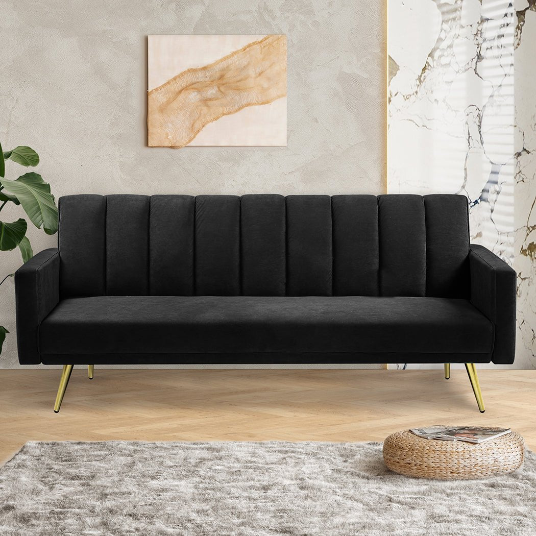 3 - Seater Convertible Velvet Sofa Bed Recliner Lounge Sleeper - Black - Rivercity House & Home Co. (ABN 18 642 972 209) - Affordable Modern Furniture Australia