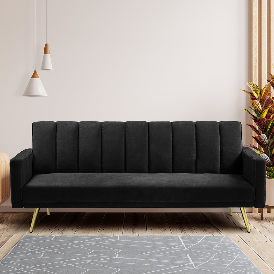 3 - Seater Convertible Velvet Sofa Bed Recliner Lounge Sleeper - Black - Rivercity House & Home Co. (ABN 18 642 972 209) - Affordable Modern Furniture Australia