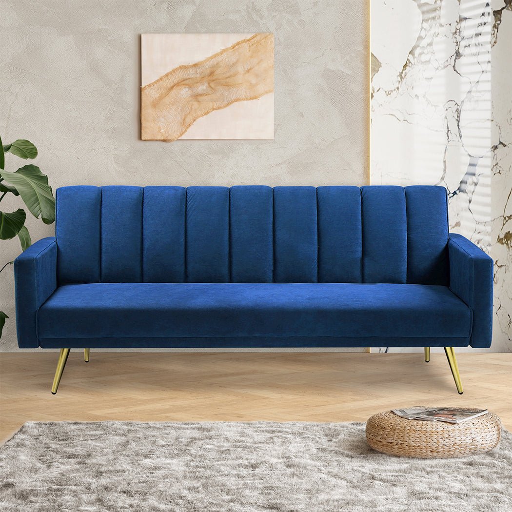 3 - Seater Convertible Velvet Sofa Bed Recliner Lounge Sleeper - Blue - Rivercity House & Home Co. (ABN 18 642 972 209) - Affordable Modern Furniture Australia