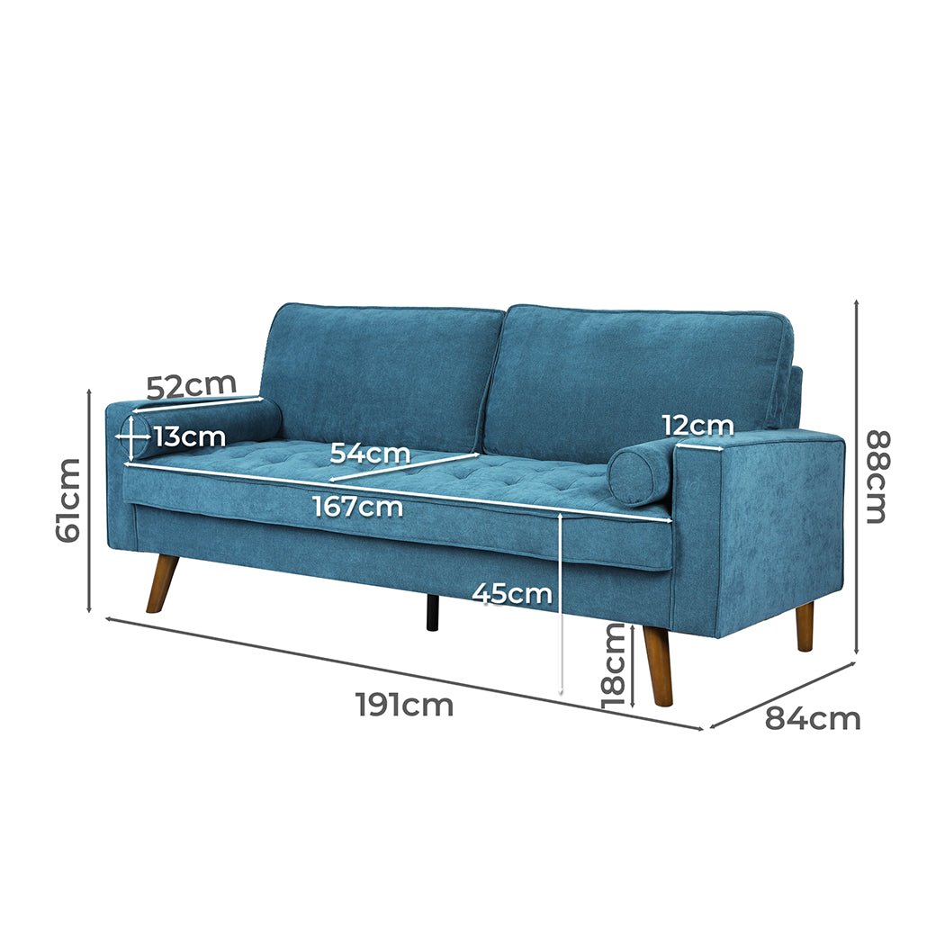 3 - Seater Fabric Sofa Armchair 191cm Wide - Blue - Rivercity House & Home Co. (ABN 18 642 972 209) - Affordable Modern Furniture Australia
