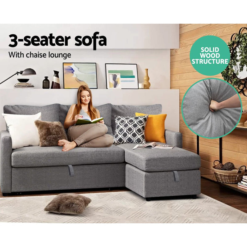 3 Seater Fabric Sofa Bed with Storage - Grey - Furniture > Sofas - Rivercity House & Home Co. (ABN 18 642 972 209) - Affordable Modern Furniture Australia