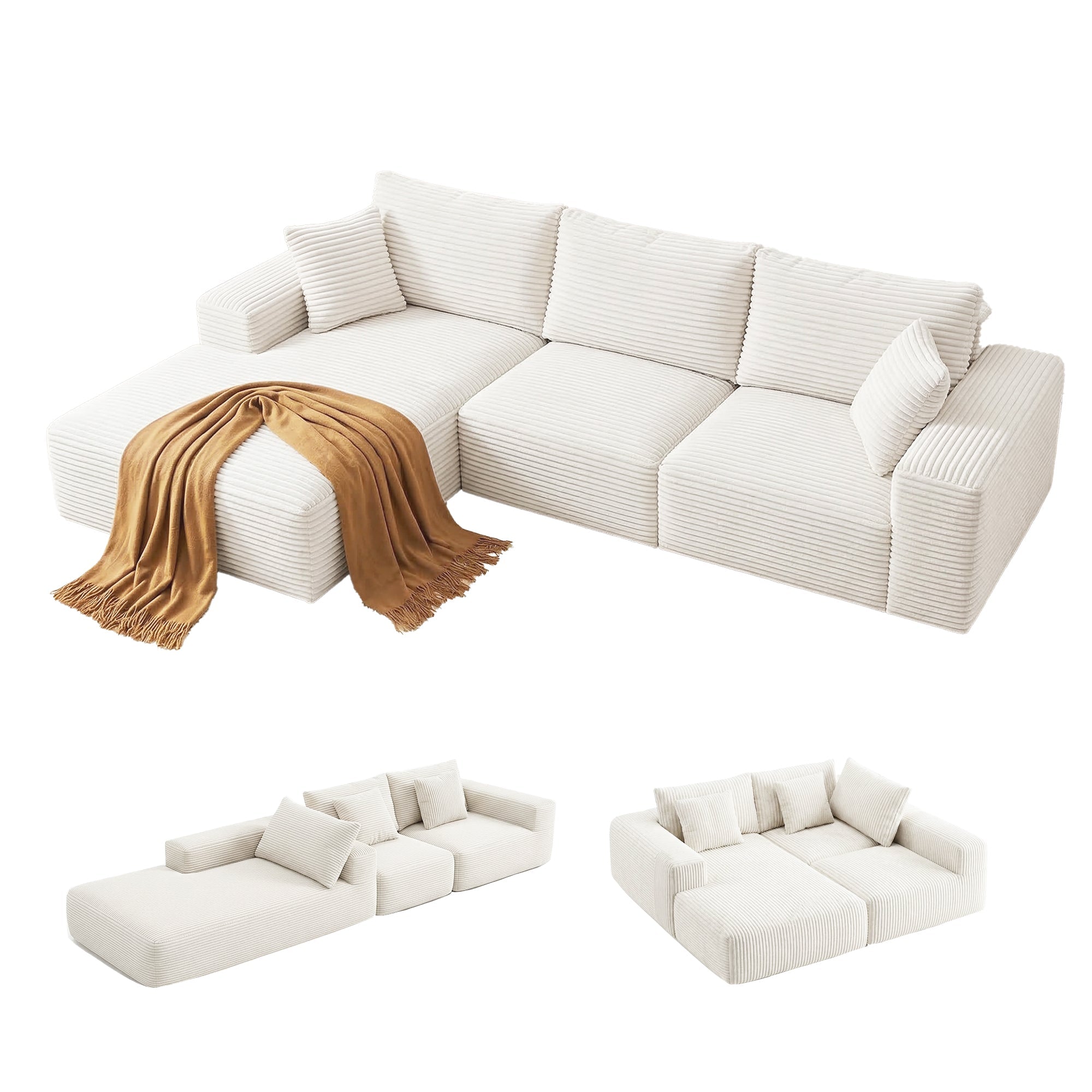 3 Seater Modular Sofa Bed Sectional Boneless Couches for Living Room Corduroy Compressed Sofa White - Furniture > Sofas > Sofas & Sofa Beds - Rivercity House & Home Co. (ABN 18 642 972 209) - Affordable Modern Furniture Australia