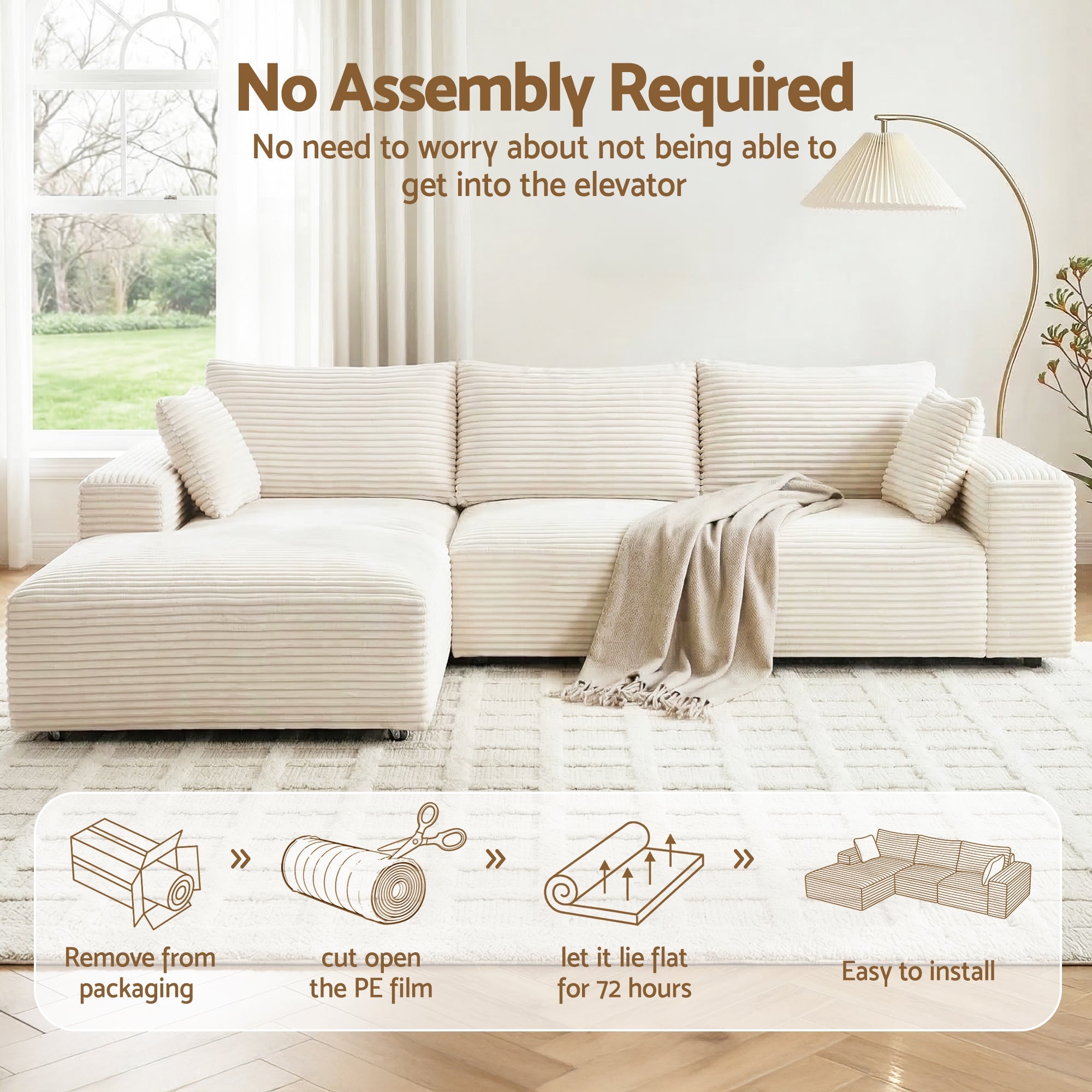 3 Seater Modular Sofa Bed Sectional Boneless Couches for Living Room Corduroy Compressed Sofa White - Furniture > Sofas > Sofas & Sofa Beds - Rivercity House & Home Co. (ABN 18 642 972 209) - Affordable Modern Furniture Australia