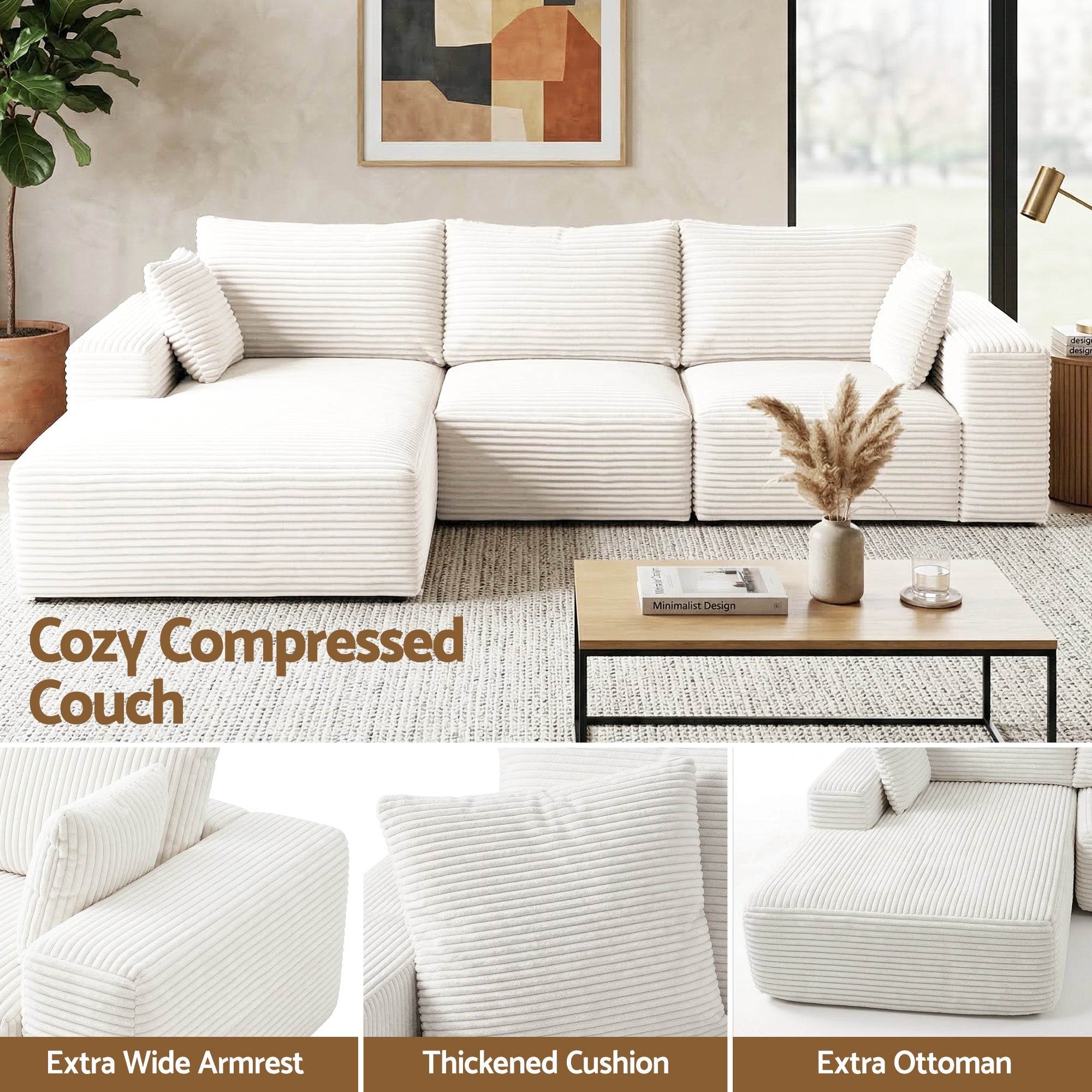 3 Seater Modular Sofa Bed Sectional Boneless Couches for Living Room Corduroy Compressed Sofa White - Furniture > Sofas > Sofas & Sofa Beds - Rivercity House & Home Co. (ABN 18 642 972 209) - Affordable Modern Furniture Australia