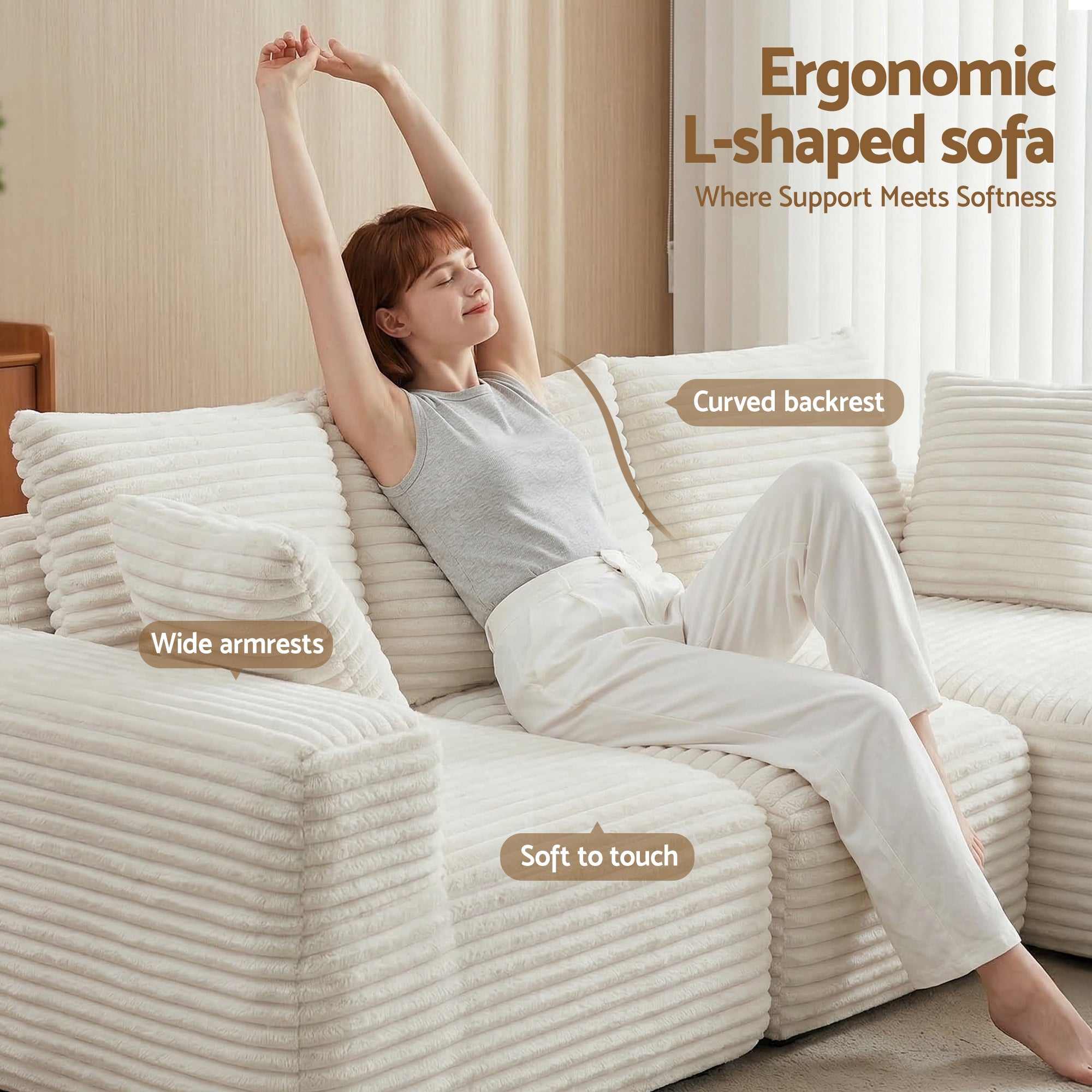 3 Seater Modular Sofa Bed Sectional Boneless Couches for Living Room Corduroy Compressed Sofa White - Furniture > Sofas > Sofas & Sofa Beds - Rivercity House & Home Co. (ABN 18 642 972 209) - Affordable Modern Furniture Australia