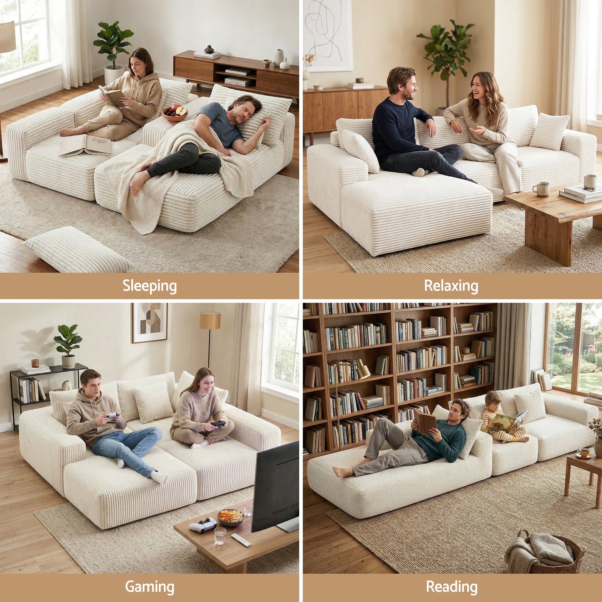 3 Seater Modular Sofa Bed Sectional Boneless Couches for Living Room Corduroy Compressed Sofa White - Furniture > Sofas > Sofas & Sofa Beds - Rivercity House & Home Co. (ABN 18 642 972 209) - Affordable Modern Furniture Australia
