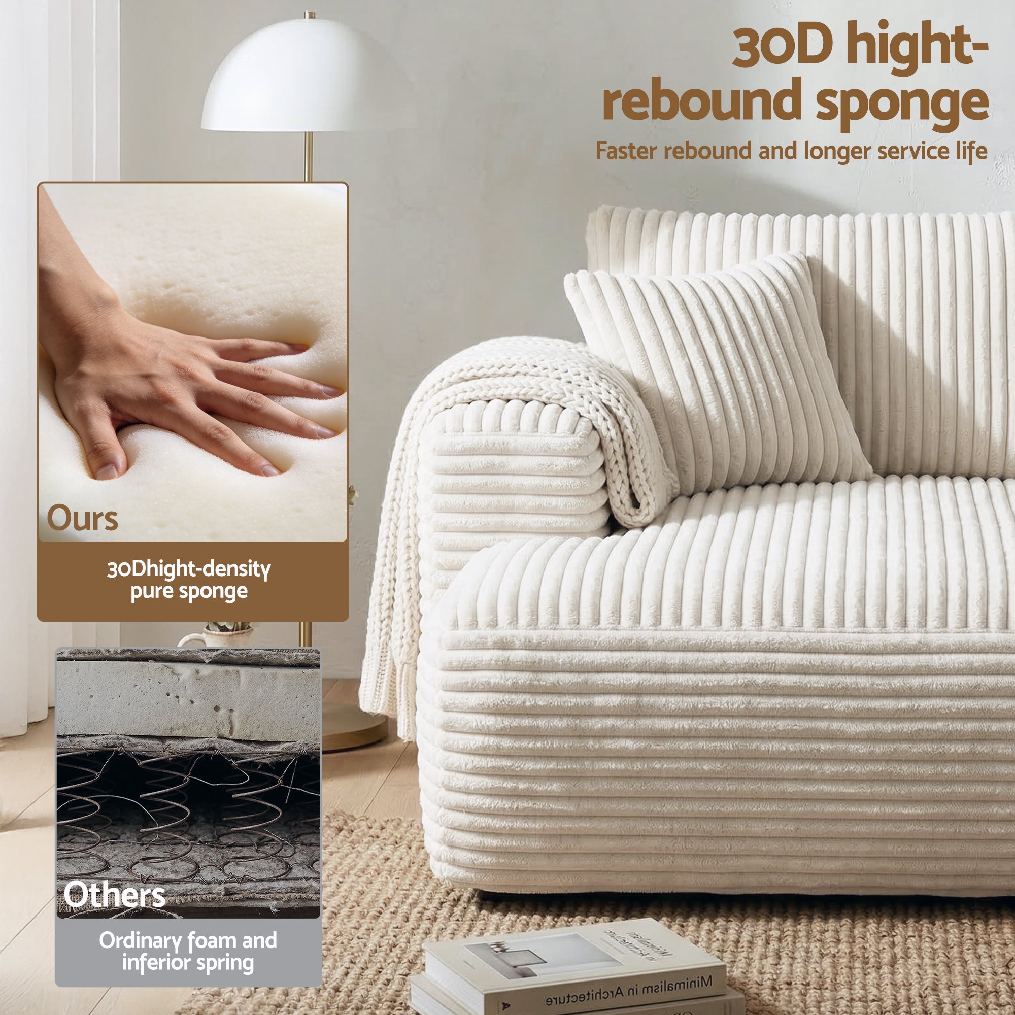 3 Seater Modular Sofa Bed Sectional Boneless Couches for Living Room Corduroy Compressed Sofa White - Furniture > Sofas > Sofas & Sofa Beds - Rivercity House & Home Co. (ABN 18 642 972 209) - Affordable Modern Furniture Australia
