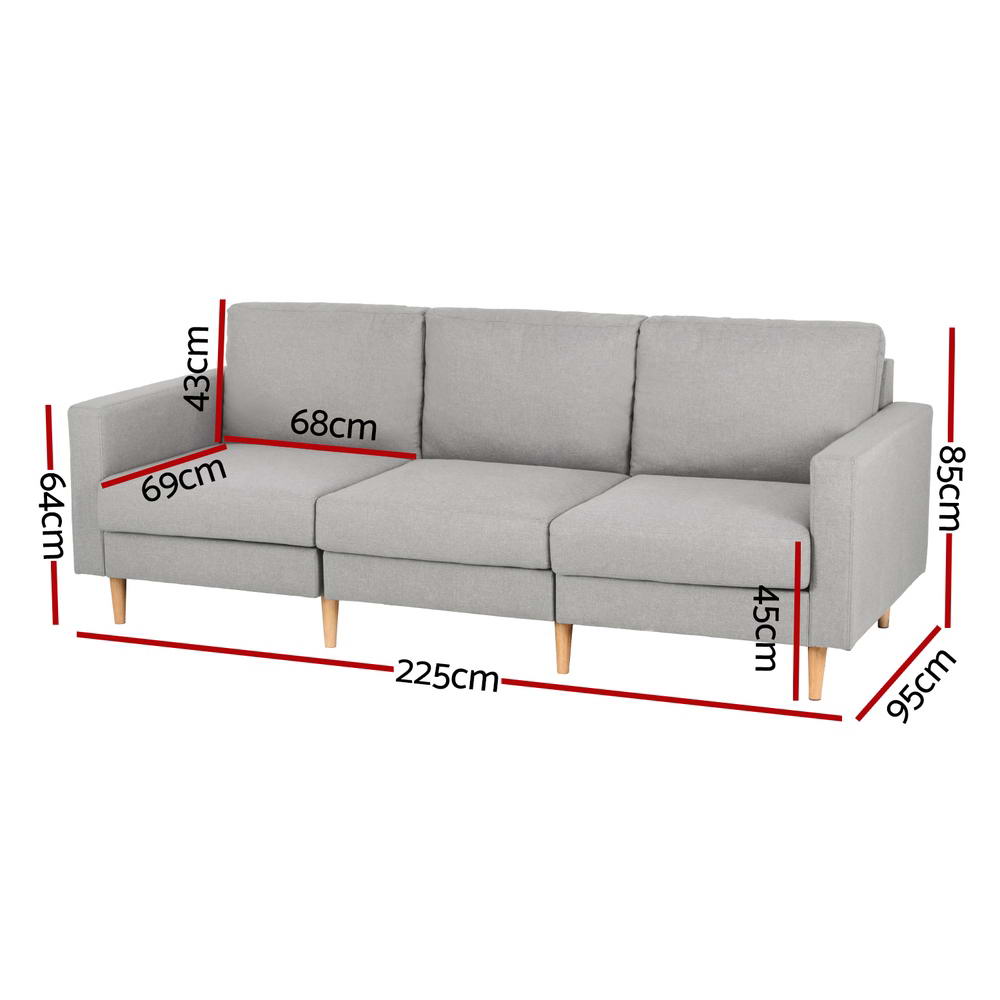 3 Seater Sofa 225cm Linen Fabric Grey - Furniture > Sofas > Sofas & Sofa Beds - Rivercity House & Home Co. (ABN 18 642 972 209) - Affordable Modern Furniture Australia