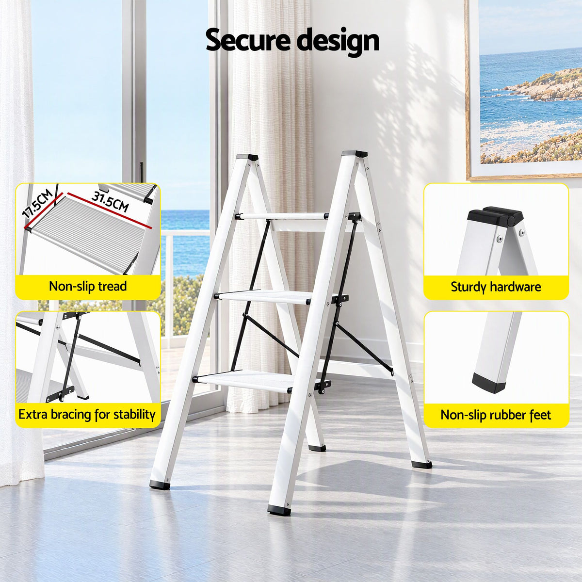 3 Step Folding Aluminium Step Ladder with Platform - Silver - Tools > Industrial Tools > Ladders & Scaffolding - Rivercity House & Home Co. (ABN 18 642 972 209) - Affordable Modern Furniture Australia