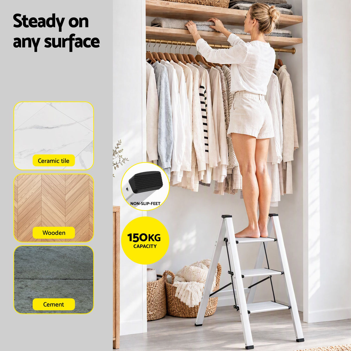 3 Step Folding Aluminium Step Ladder with Platform - Silver - Tools > Industrial Tools > Ladders & Scaffolding - Rivercity House & Home Co. (ABN 18 642 972 209) - Affordable Modern Furniture Australia