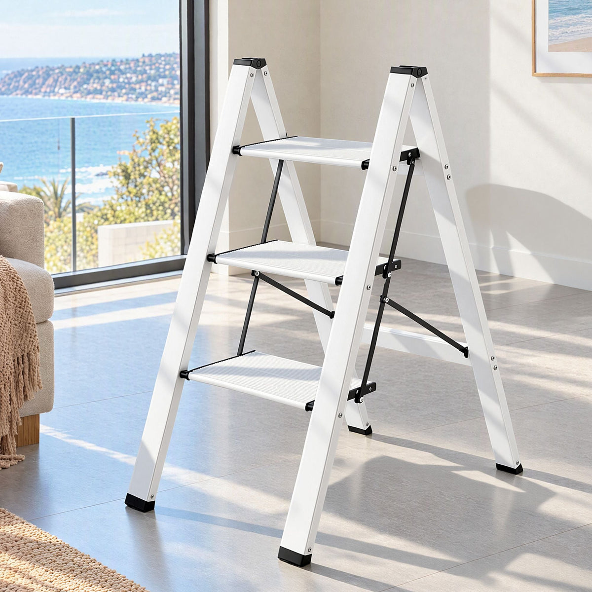 3 Step Folding Aluminium Step Ladder with Platform - Silver - Tools > Industrial Tools > Ladders & Scaffolding - Rivercity House & Home Co. (ABN 18 642 972 209) - Affordable Modern Furniture Australia