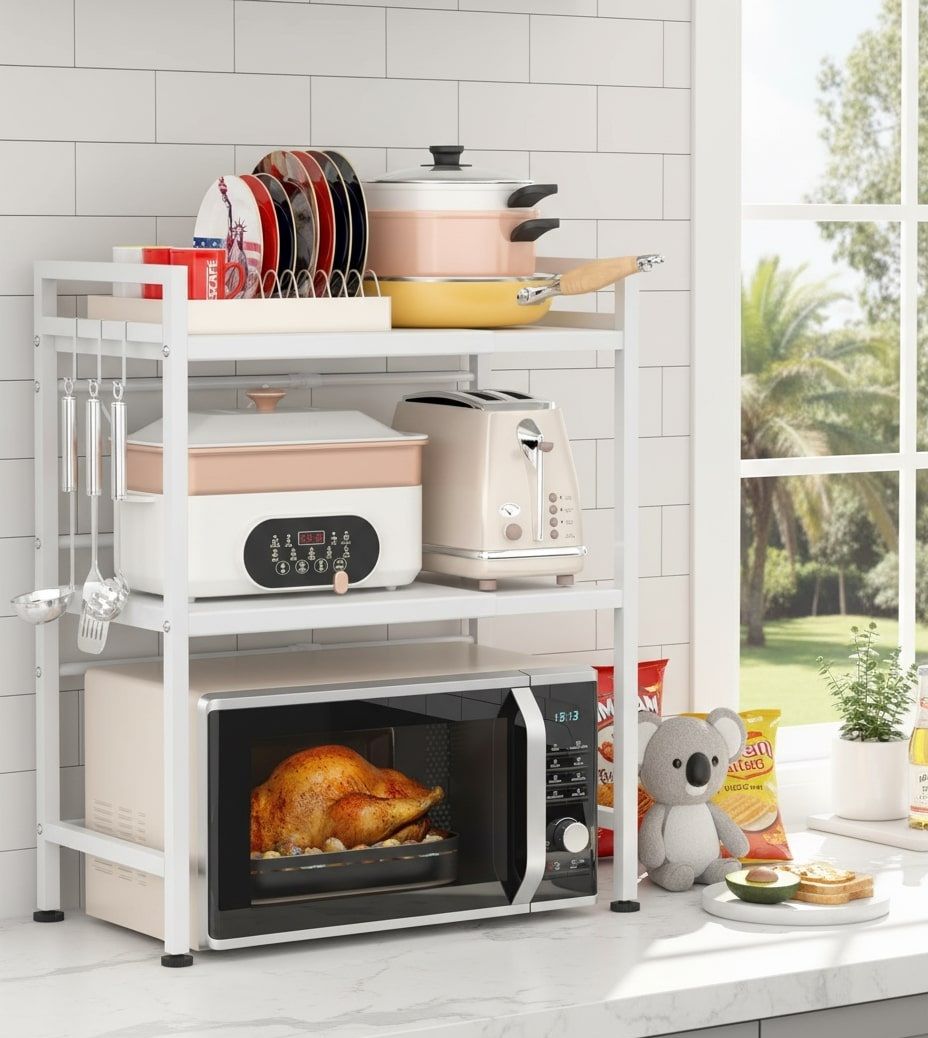 3 - Tier Adjustable Metal Microwave Oven Rack with 6 Utensil Hooks for Countertop Storage - Black - Appliances > Kitchen Appliances > Microwave Ovens - Rivercity House & Home Co. (ABN 18 642 972 209) - Affordable Modern Furniture Australia