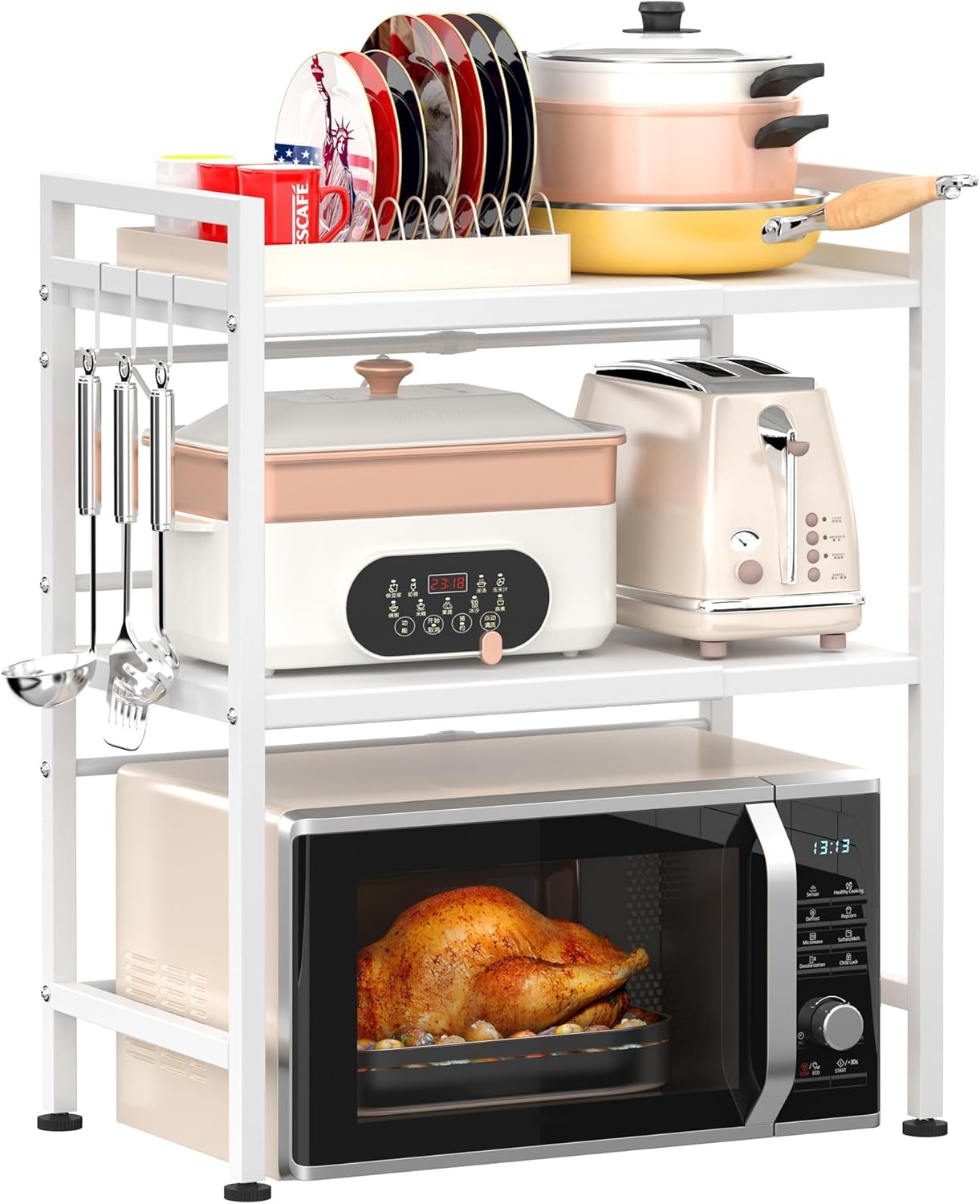 3 - Tier Adjustable Metal Microwave Oven Rack with 6 Utensil Hooks for Countertop Storage - Black - Appliances > Kitchen Appliances > Microwave Ovens - Rivercity House & Home Co. (ABN 18 642 972 209) - Affordable Modern Furniture Australia