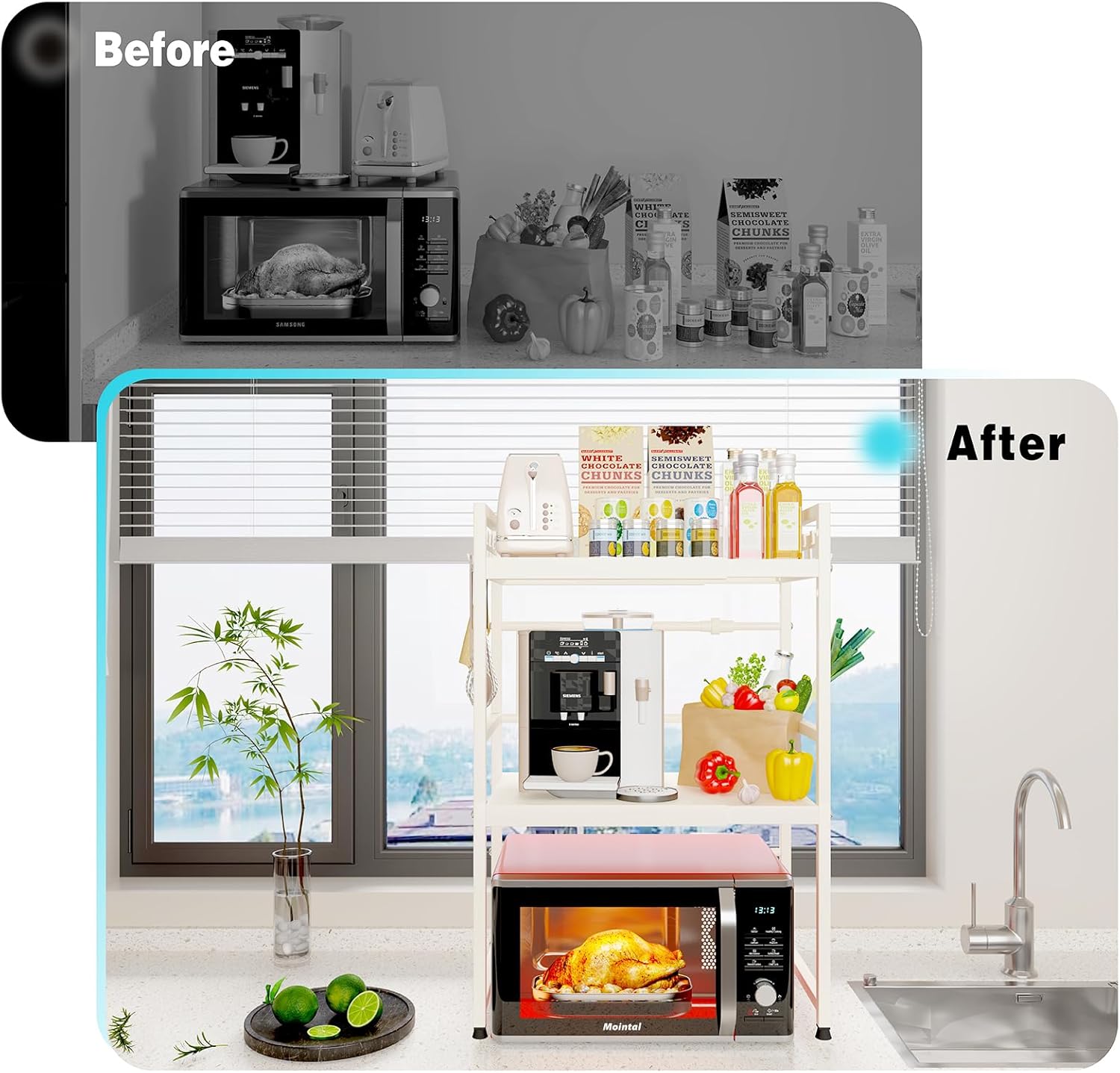 3 - Tier Adjustable Metal Microwave Oven Rack with 6 Utensil Hooks for Countertop Storage - Black - Appliances > Kitchen Appliances > Microwave Ovens - Rivercity House & Home Co. (ABN 18 642 972 209) - Affordable Modern Furniture Australia