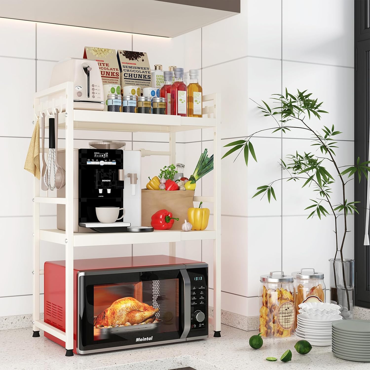 3 - Tier Adjustable Metal Microwave Oven Rack with 6 Utensil Hooks for Countertop Storage - Black - Appliances > Kitchen Appliances > Microwave Ovens - Rivercity House & Home Co. (ABN 18 642 972 209) - Affordable Modern Furniture Australia