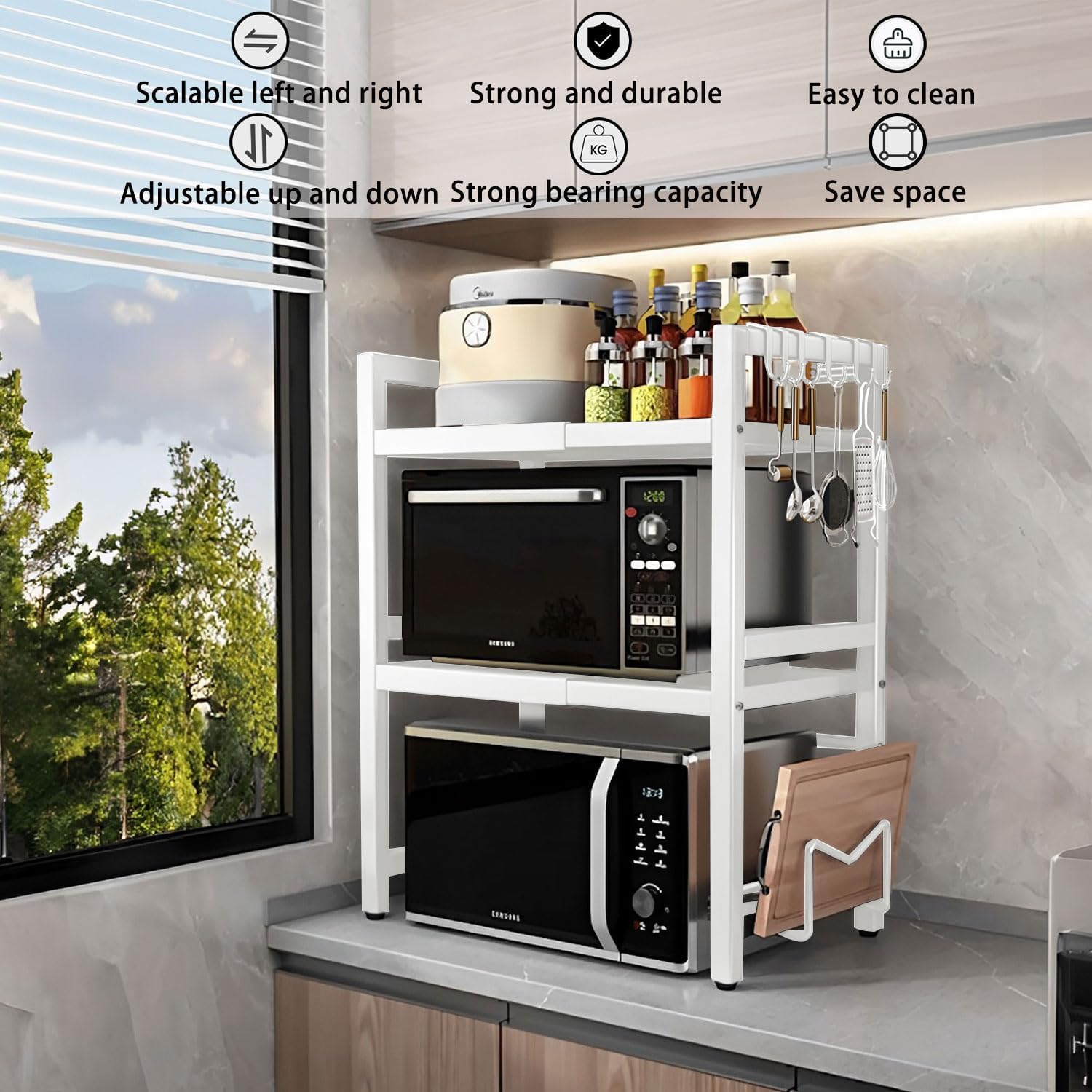 3 - Tier Adjustable Metal Microwave Oven Rack with 6 Utensil Hooks for Countertop Storage - Black - Appliances > Kitchen Appliances > Microwave Ovens - Rivercity House & Home Co. (ABN 18 642 972 209) - Affordable Modern Furniture Australia