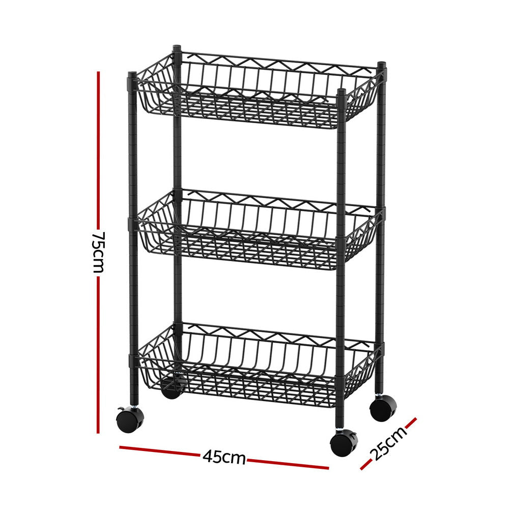 3 - Tier Adjustable Shelving Unit with Wheels for Garage & Kitchen Storage - Black - Furniture > Dining > Kitchen & Dining Trolleys - Rivercity House & Home Co. (ABN 18 642 972 209) - Affordable Modern Furniture Australia