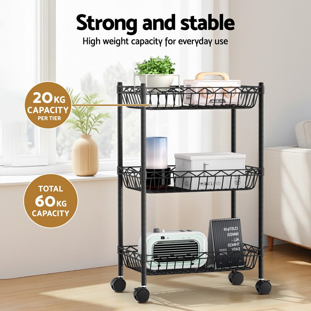 3 - Tier Adjustable Shelving Unit with Wheels for Garage & Kitchen Storage - Black - Furniture > Dining > Kitchen & Dining Trolleys - Rivercity House & Home Co. (ABN 18 642 972 209) - Affordable Modern Furniture Australia