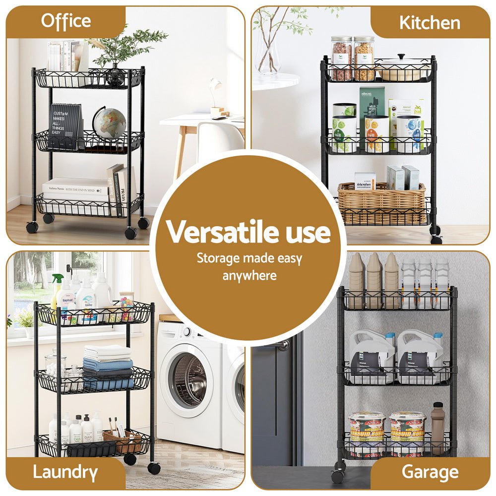 3 - Tier Adjustable Shelving Unit with Wheels for Garage & Kitchen Storage - Black - Furniture > Dining > Kitchen & Dining Trolleys - Rivercity House & Home Co. (ABN 18 642 972 209) - Affordable Modern Furniture Australia