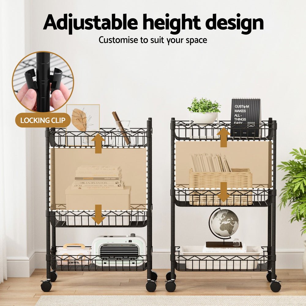 3 - Tier Adjustable Shelving Unit with Wheels for Garage & Kitchen Storage - Black - Furniture > Dining > Kitchen & Dining Trolleys - Rivercity House & Home Co. (ABN 18 642 972 209) - Affordable Modern Furniture Australia