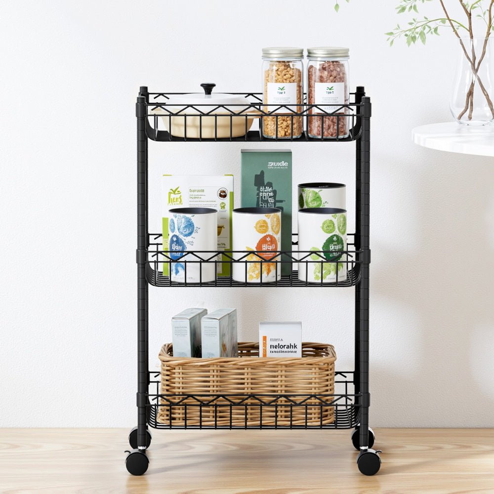 3 - Tier Adjustable Shelving Unit with Wheels for Garage & Kitchen Storage - Black - Furniture > Dining > Kitchen & Dining Trolleys - Rivercity House & Home Co. (ABN 18 642 972 209) - Affordable Modern Furniture Australia