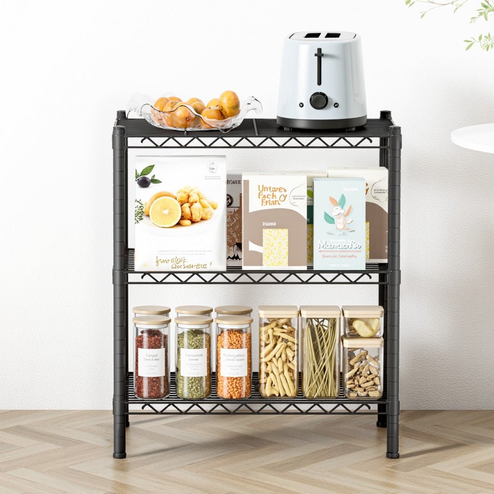 3 - Tier Adjustable Steel Shelving Unit Garage Kitchen Storage Rack - Black - Furniture > Dining > Kitchen & Dining Trolleys - Rivercity House & Home Co. (ABN 18 642 972 209) - Affordable Modern Furniture Australia