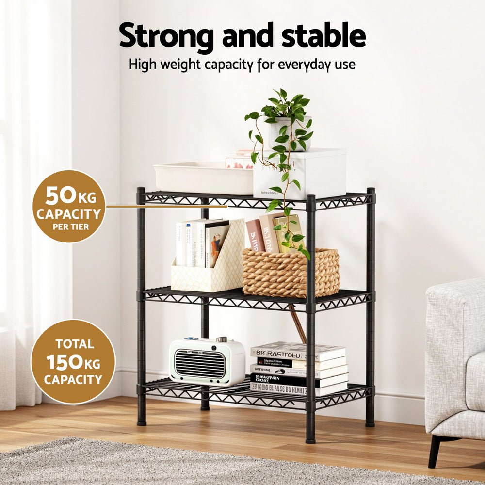 3 - Tier Adjustable Steel Shelving Unit Garage Kitchen Storage Rack - Black - Furniture > Dining > Kitchen & Dining Trolleys - Rivercity House & Home Co. (ABN 18 642 972 209) - Affordable Modern Furniture Australia