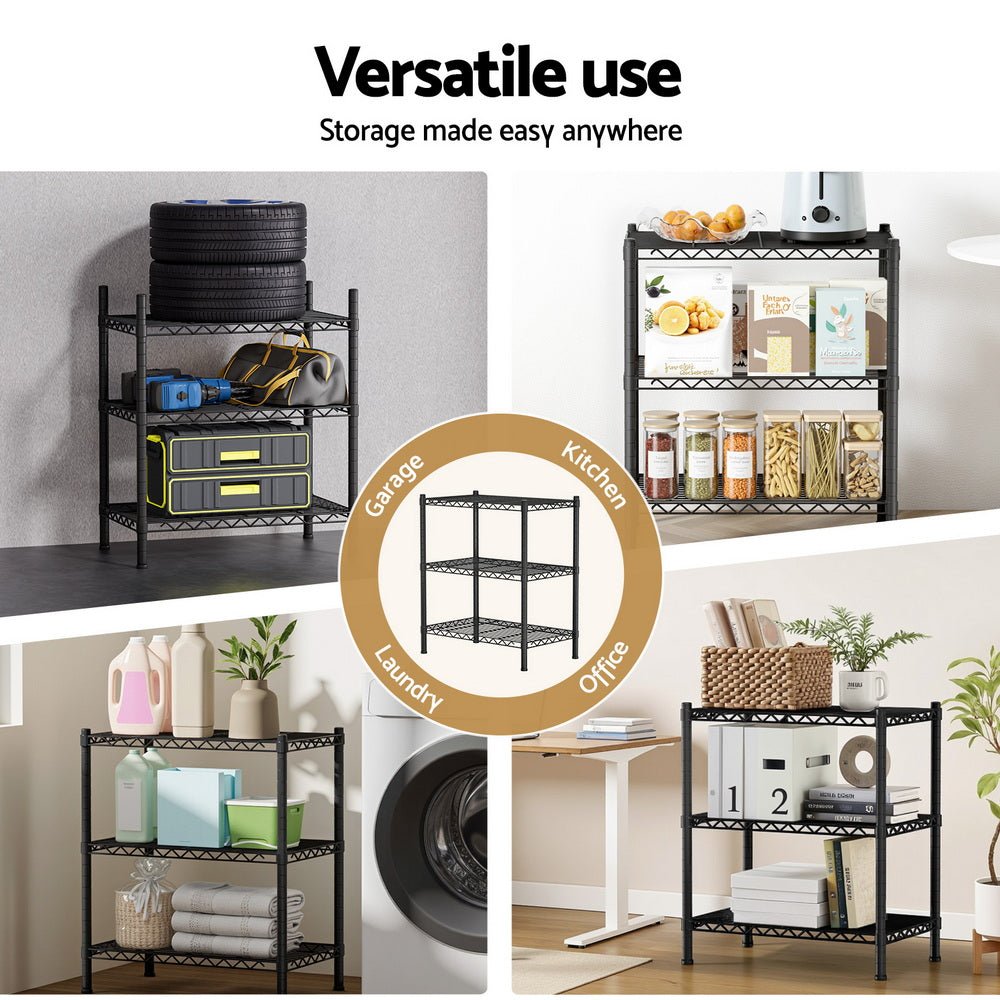 3 - Tier Adjustable Steel Shelving Unit Garage Kitchen Storage Rack - Black - Furniture > Dining > Kitchen & Dining Trolleys - Rivercity House & Home Co. (ABN 18 642 972 209) - Affordable Modern Furniture Australia