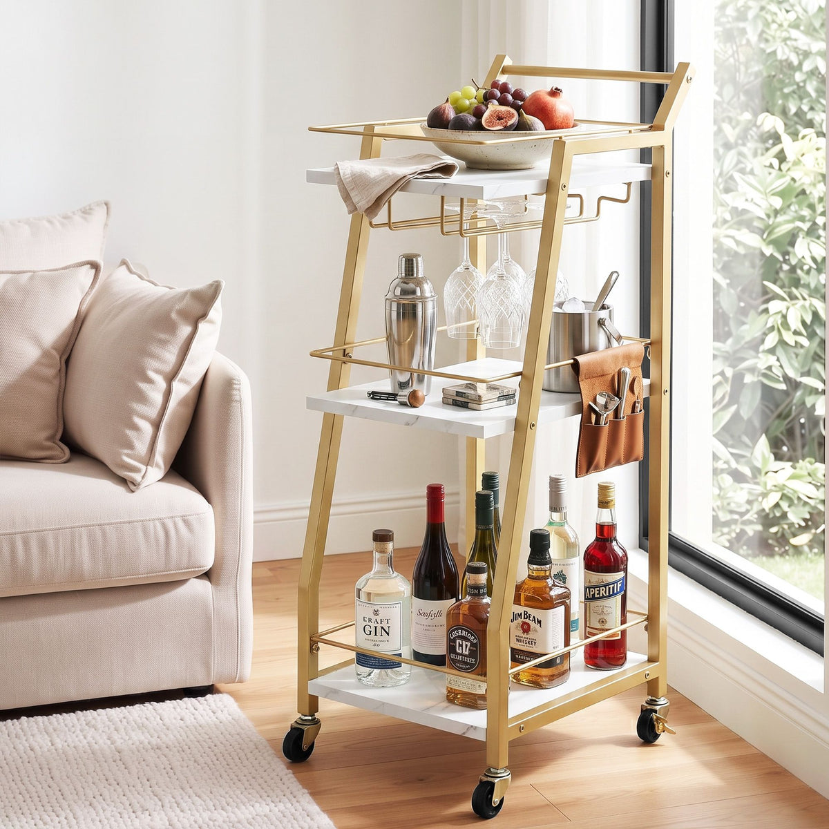 3-Tier Bar Cart Trolley with Wine Glass Holder and Marble Shelves 41cm - Gold & White - Furniture > Dining > Kitchen & Dining Trolleys - Rivercity House & Home Co. (ABN 18 642 972 209) - Affordable Modern Furniture Australia