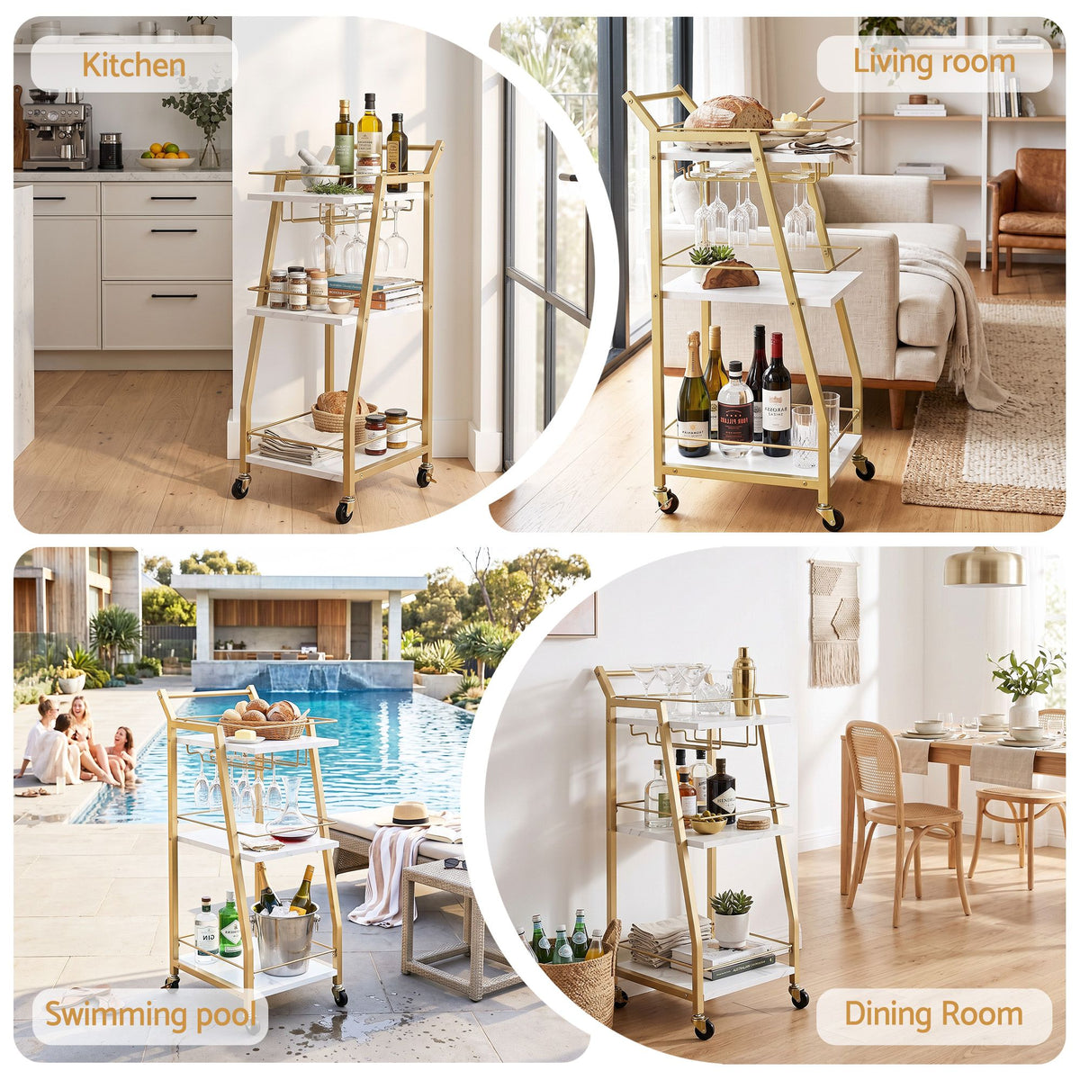3-Tier Bar Cart Trolley with Wine Glass Holder and Marble Shelves 41cm - Gold & White - Furniture > Dining > Kitchen & Dining Trolleys - Rivercity House & Home Co. (ABN 18 642 972 209) - Affordable Modern Furniture Australia