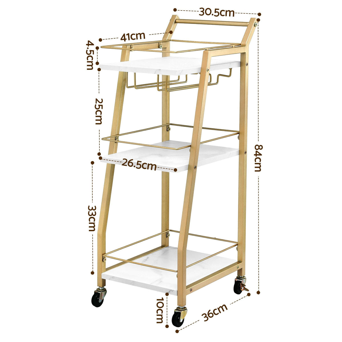 3-Tier Bar Cart Trolley with Wine Glass Holder and Marble Shelves 41cm - Gold & White - Furniture > Dining > Kitchen & Dining Trolleys - Rivercity House & Home Co. (ABN 18 642 972 209) - Affordable Modern Furniture Australia