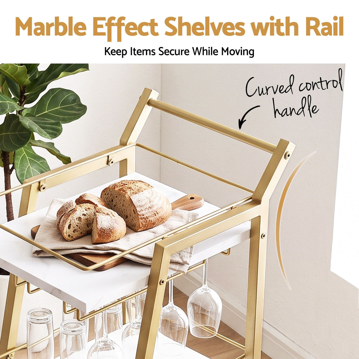 3-Tier Bar Cart Trolley with Wine Glass Holder and Marble Shelves 41cm - Gold & White - Furniture > Dining > Kitchen & Dining Trolleys - Rivercity House & Home Co. (ABN 18 642 972 209) - Affordable Modern Furniture Australia