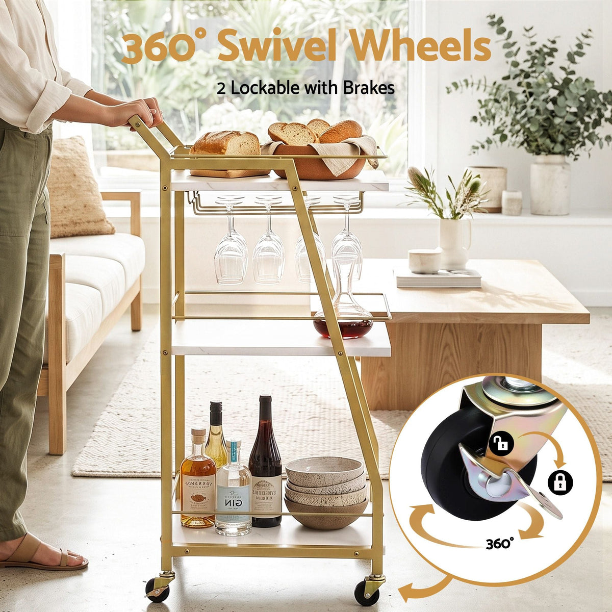 3-Tier Bar Cart Trolley with Wine Glass Holder and Marble Shelves 41cm - Gold & White - Furniture > Dining > Kitchen & Dining Trolleys - Rivercity House & Home Co. (ABN 18 642 972 209) - Affordable Modern Furniture Australia
