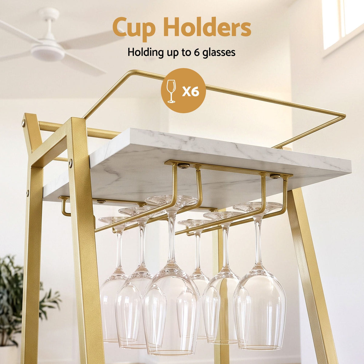 3-Tier Bar Cart Trolley with Wine Glass Holder and Marble Shelves 41cm - Gold & White - Furniture > Dining > Kitchen & Dining Trolleys - Rivercity House & Home Co. (ABN 18 642 972 209) - Affordable Modern Furniture Australia
