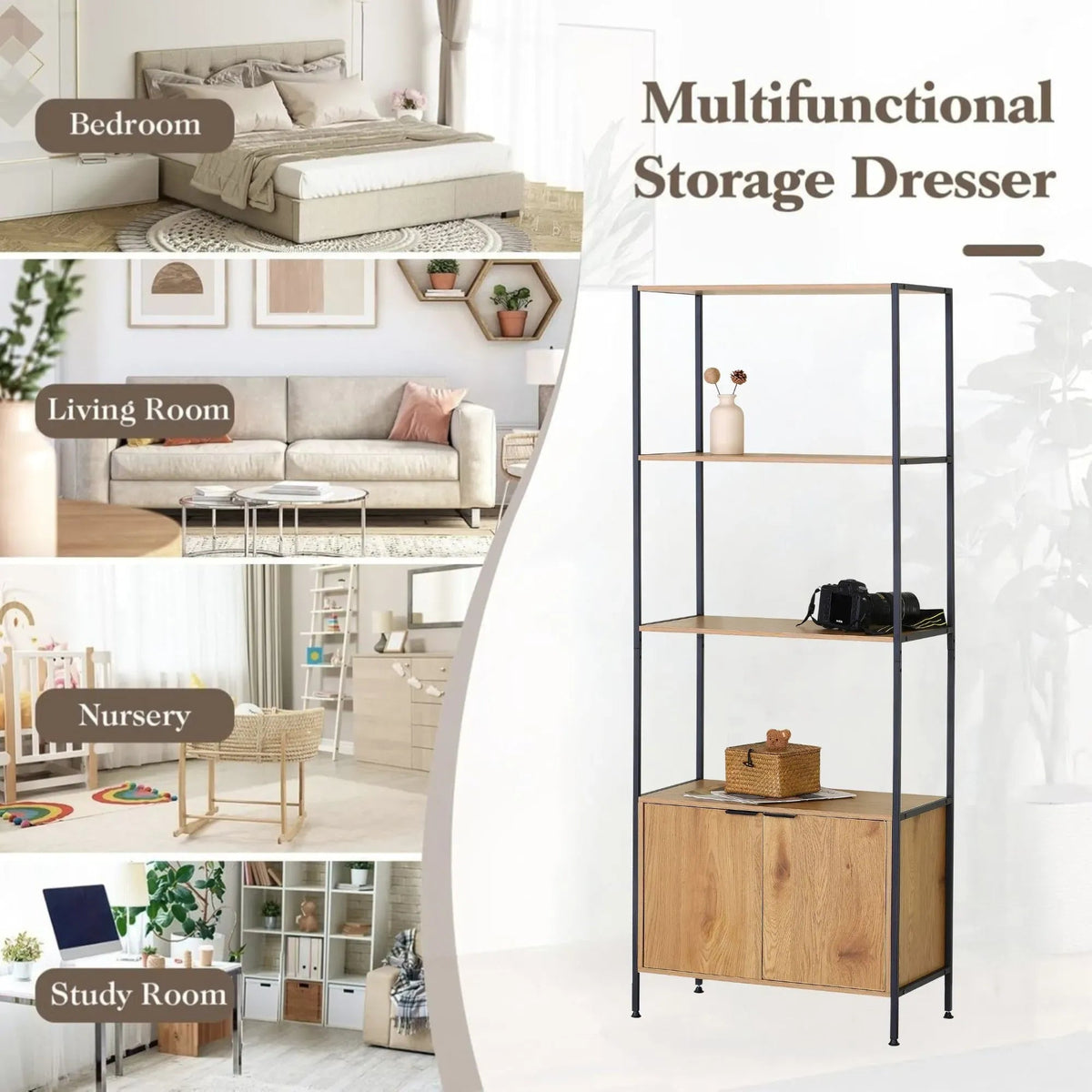 3-Tier Bookcase with Cabinet Storage Shelf - Brown - Home & Garden > Storage > Storage Cabinets & Lockers - Rivercity House & Home Co. (ABN 18 642 972 209) - Affordable Modern Furniture Australia