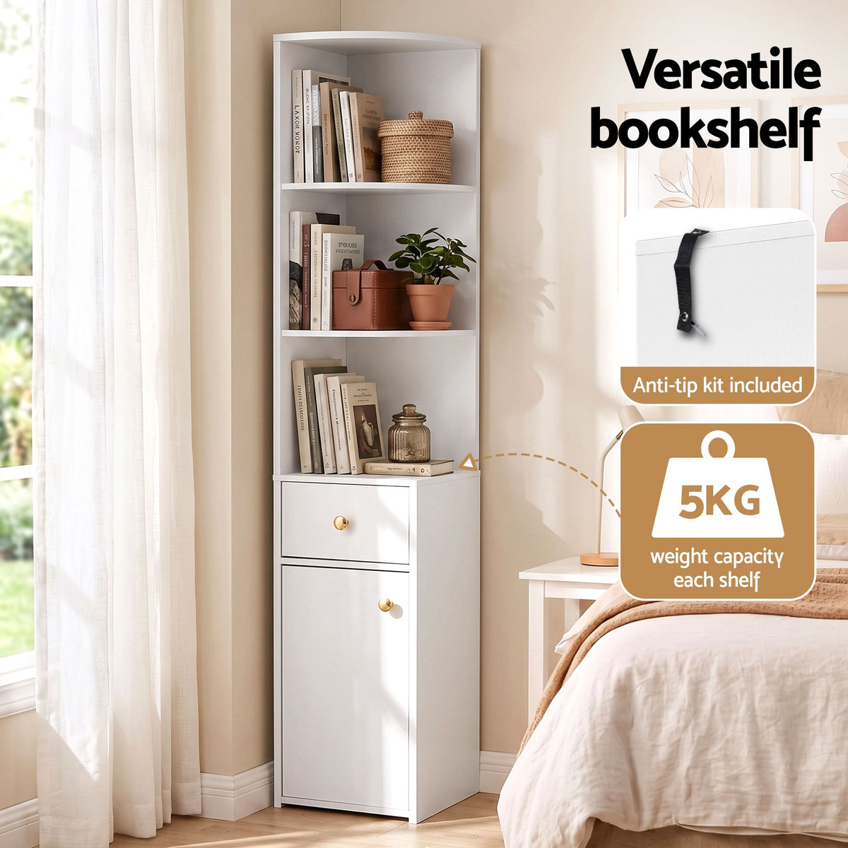 3 Tier Bookshelf with Storage Drawer and Cabinet - White - Furniture > Living Room > Bookcases & Shelves - Rivercity House & Home Co. (ABN 18 642 972 209) - Affordable Modern Furniture Australia