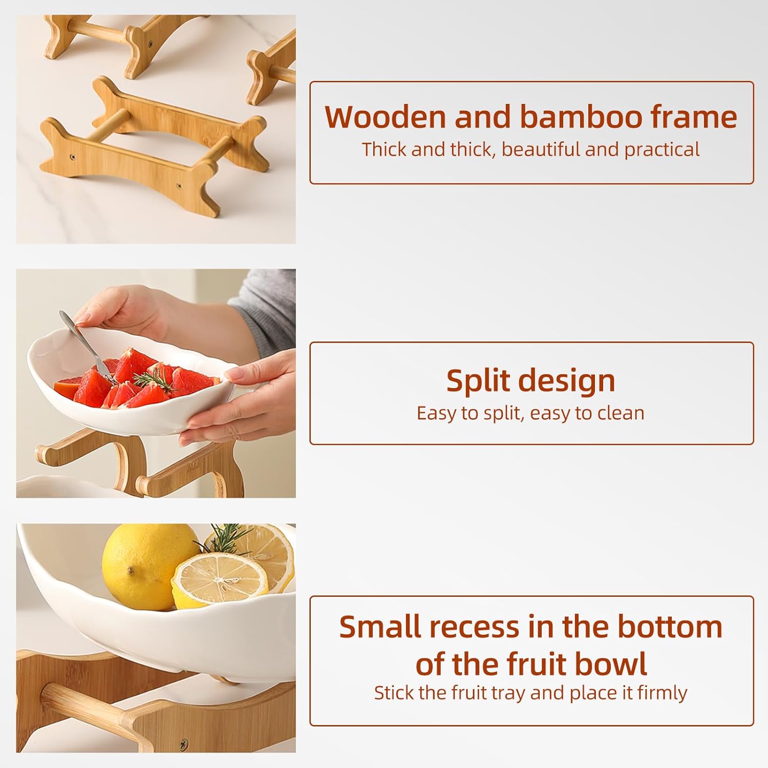 3 - Tier Ceramic Fruit Bowl Basket with Bamboo Stand for Kitchen Counter, Snack Tray, Dessert Server & Vegetable Storage Rack - Furniture > Dining > Buffets & Sideboards - Rivercity House & Home Co. (ABN 18 642 972 209) - Affordable Modern Furniture Australia