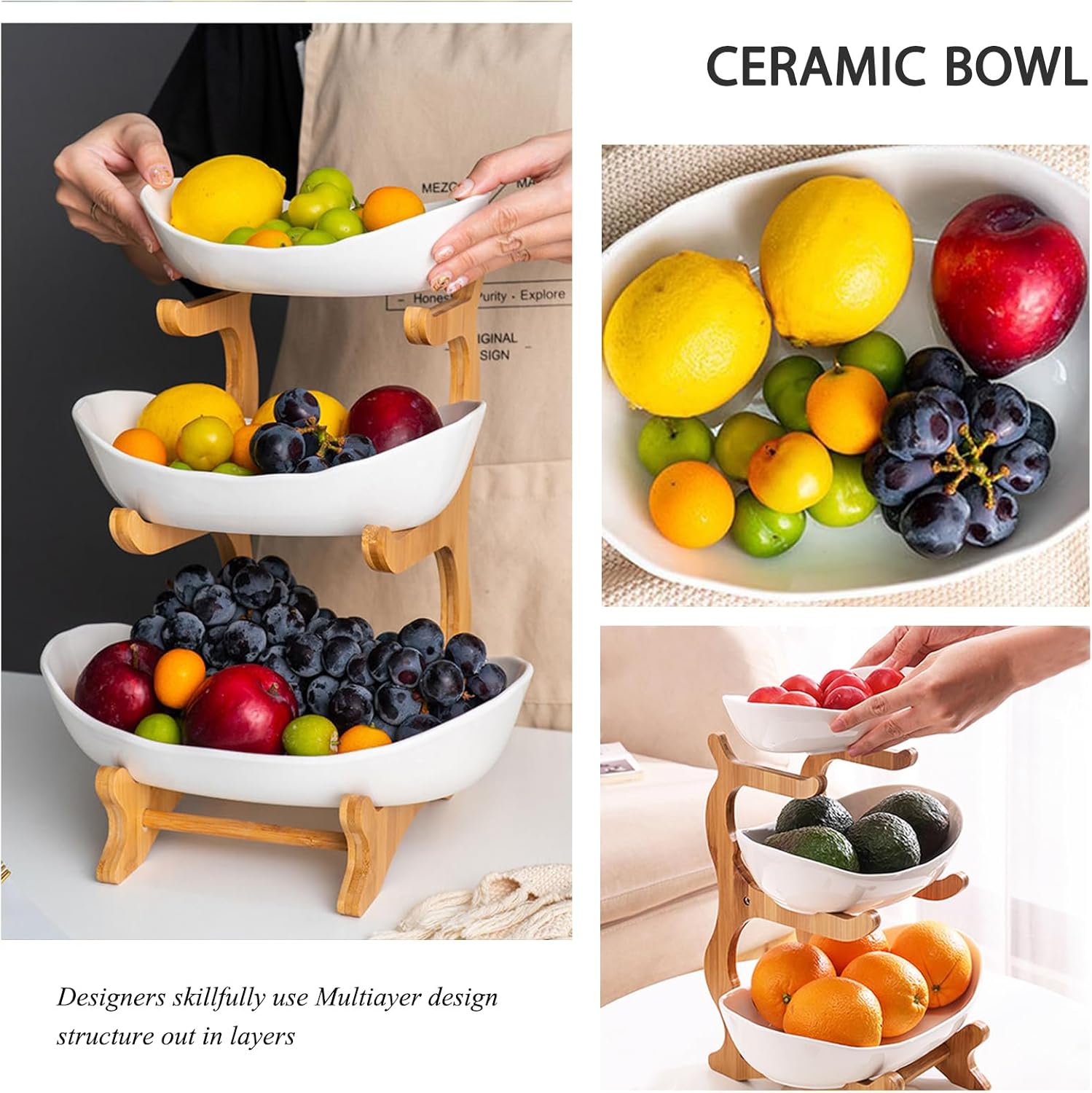 3 - Tier Ceramic Fruit Bowl Basket with Bamboo Stand for Kitchen Counter, Snack Tray, Dessert Server & Vegetable Storage Rack - Furniture > Dining > Buffets & Sideboards - Rivercity House & Home Co. (ABN 18 642 972 209) - Affordable Modern Furniture Australia