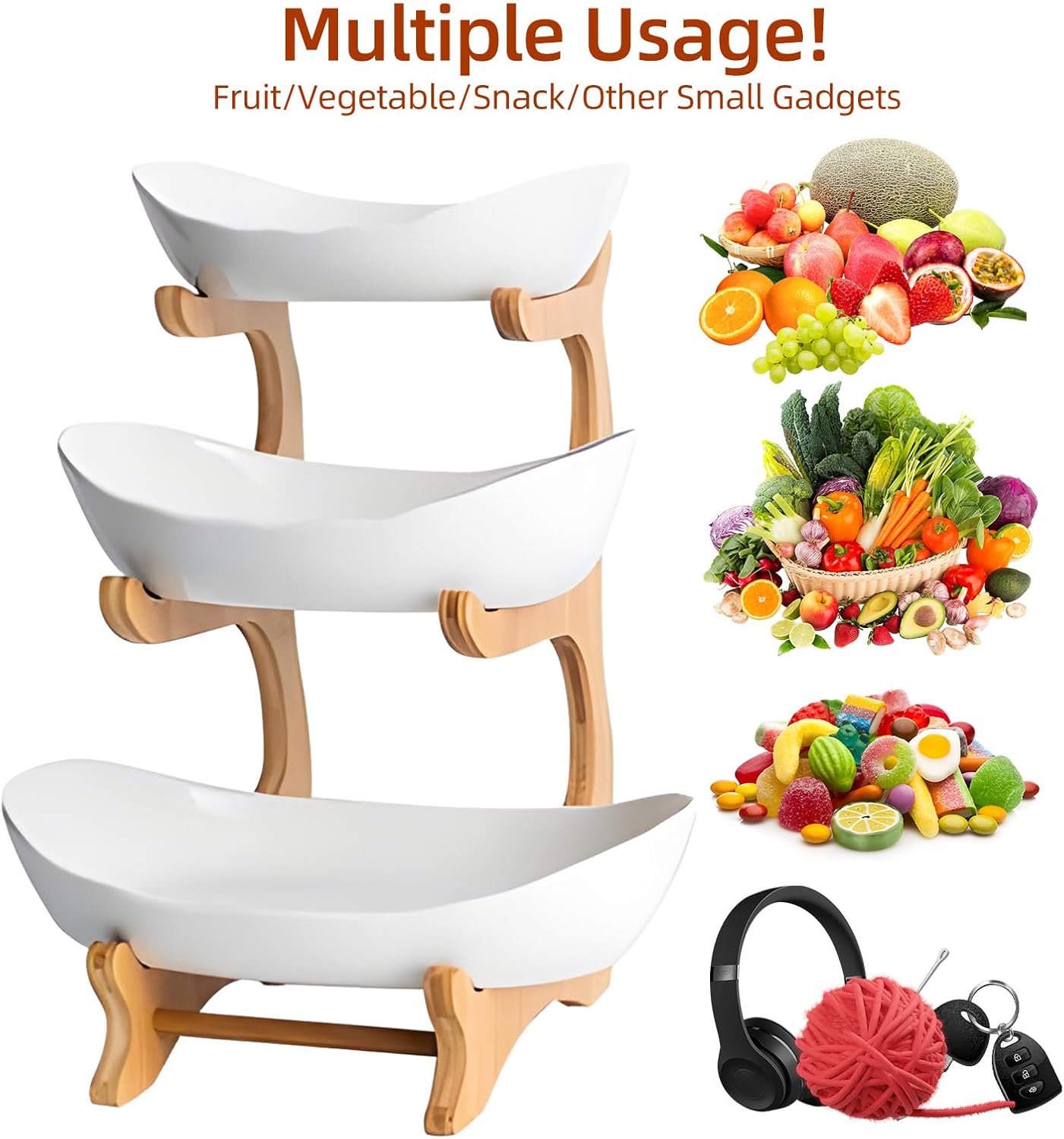 3 - Tier Ceramic Fruit Bowl Basket with Bamboo Stand for Kitchen Counter, Snack Tray, Dessert Server & Vegetable Storage Rack - Furniture > Dining > Buffets & Sideboards - Rivercity House & Home Co. (ABN 18 642 972 209) - Affordable Modern Furniture Australia