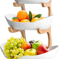3-Tier Ceramic Fruit Bowl with Bamboo Stand for Kitchen Counter & Serving - White