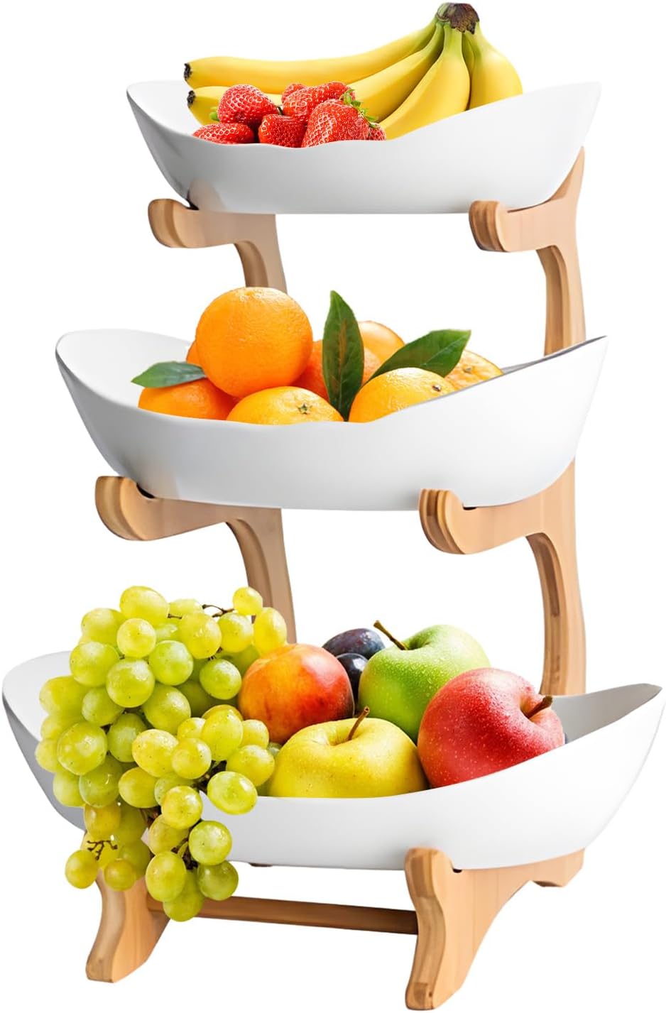 3 - Tier Ceramic Fruit Bowl Basket with Bamboo Stand for Kitchen Counter, Snack Tray, Dessert Server & Vegetable Storage Rack - Furniture > Dining > Buffets & Sideboards - Rivercity House & Home Co. (ABN 18 642 972 209) - Affordable Modern Furniture Australia
