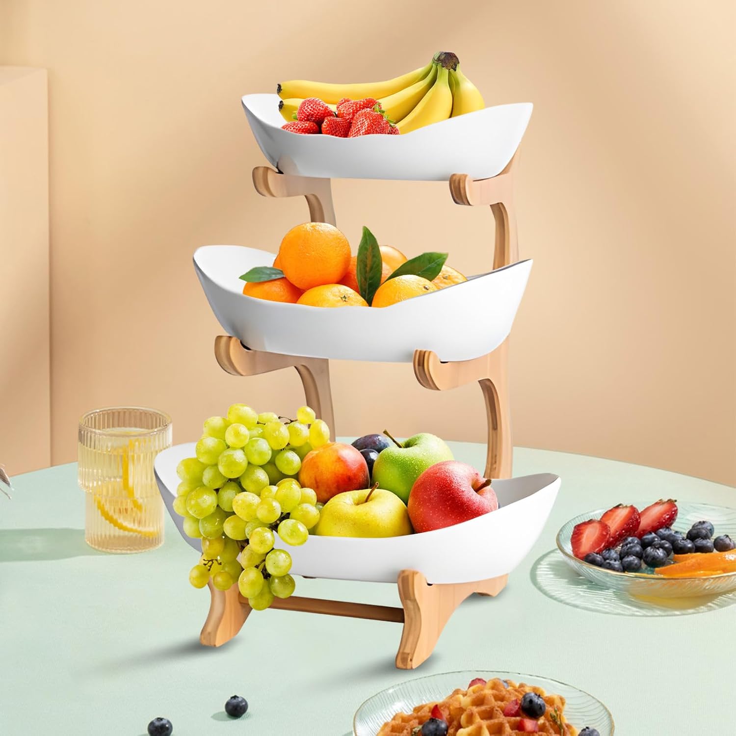 3 - Tier Ceramic Fruit Bowl Basket with Bamboo Stand for Kitchen Counter, Snack Tray, Dessert Server & Vegetable Storage Rack - Furniture > Dining > Buffets & Sideboards - Rivercity House & Home Co. (ABN 18 642 972 209) - Affordable Modern Furniture Australia