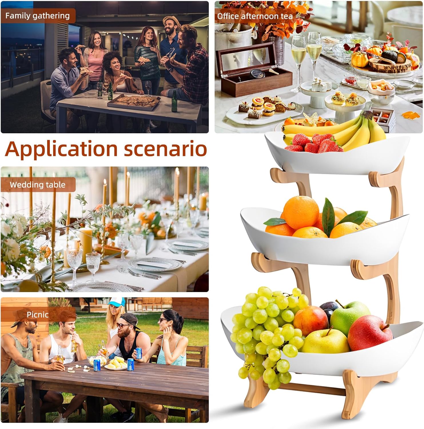 3 - Tier Ceramic Fruit Bowl Basket with Bamboo Stand for Kitchen Counter, Snack Tray, Dessert Server & Vegetable Storage Rack - Furniture > Dining > Buffets & Sideboards - Rivercity House & Home Co. (ABN 18 642 972 209) - Affordable Modern Furniture Australia