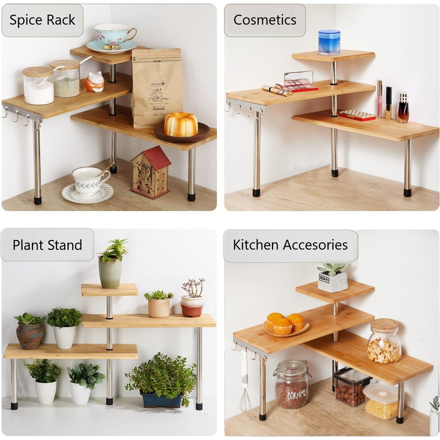 3 Tier Corner Shelf Kitchen Spice Rack Organiser with Hooks for Home Storage & Organisation - Home & Garden > DIY > Kitchen & Bathroom DIY - Rivercity House & Home Co. (ABN 18 642 972 209) - Affordable Modern Furniture Australia