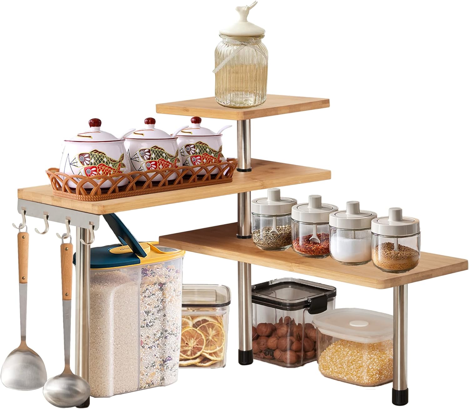3 Tier Corner Shelf Kitchen Spice Rack Organiser with Hooks for Home Storage & Organisation - Home & Garden > DIY > Kitchen & Bathroom DIY - Rivercity House & Home Co. (ABN 18 642 972 209) - Affordable Modern Furniture Australia